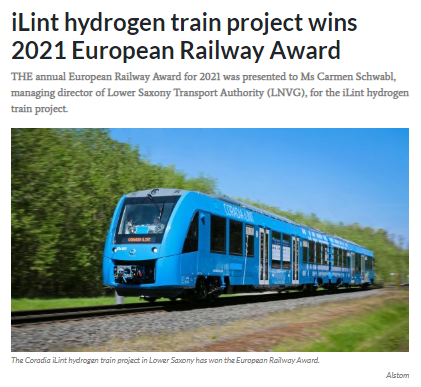 iLint hydrogen train project wins 2021 European Railway Award (IRJ)