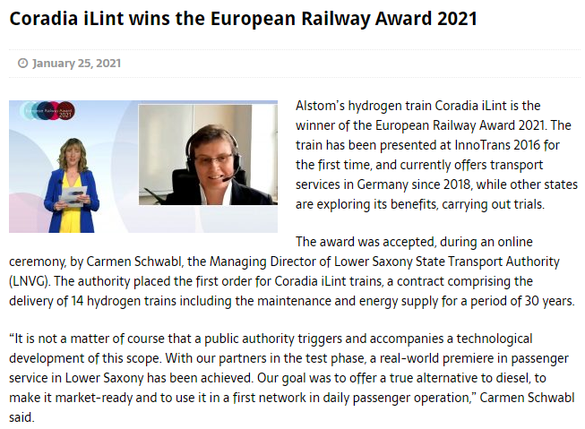 Coradia iLint wins the European Railway Award 2021 (Railway Pro)