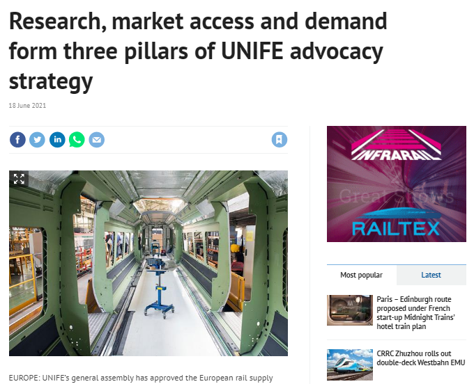 Research, market access and demand form three pillars of UNIFE advocacy strategy (Railway Gazette)