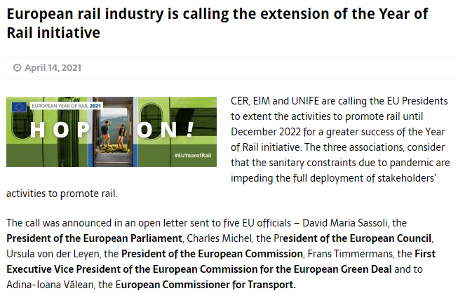 European rail industry is calling the extension of the Year of Rail initiative (Railway Pro)