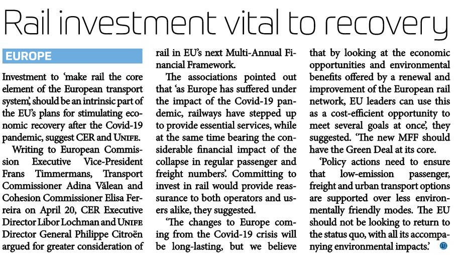 Rail investment is vital to recovery (Railway Gazette)