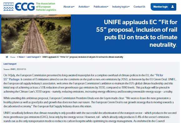 UNIFE applauds EC “Fit for 55” proposal, inclusion of rail puts EU on track to climate neutrality (ECG)