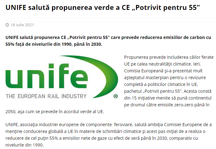 UNIFE salută propunerea verde a CE „Potrivit pentru 55” (Club Feroviar)