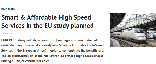 Smart & Affordable High Speed Services in the EU study planned (Railway Gazette)
