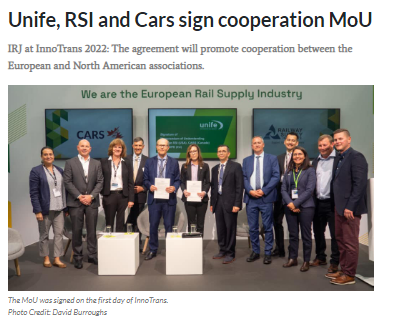 Unife, RSI and Cars sign cooperation MoU (IRJ)