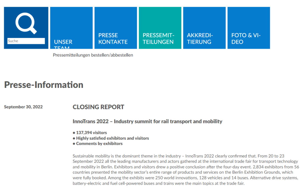 Closing Report InnoTrans 2022 – Industry summit for rail transport and mobility (Messe Berlin)