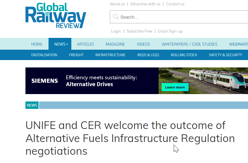 UNIFE and CER welcome the outcome of Alternative Fuels Infrastructure Regulation negotiations (GRR)
