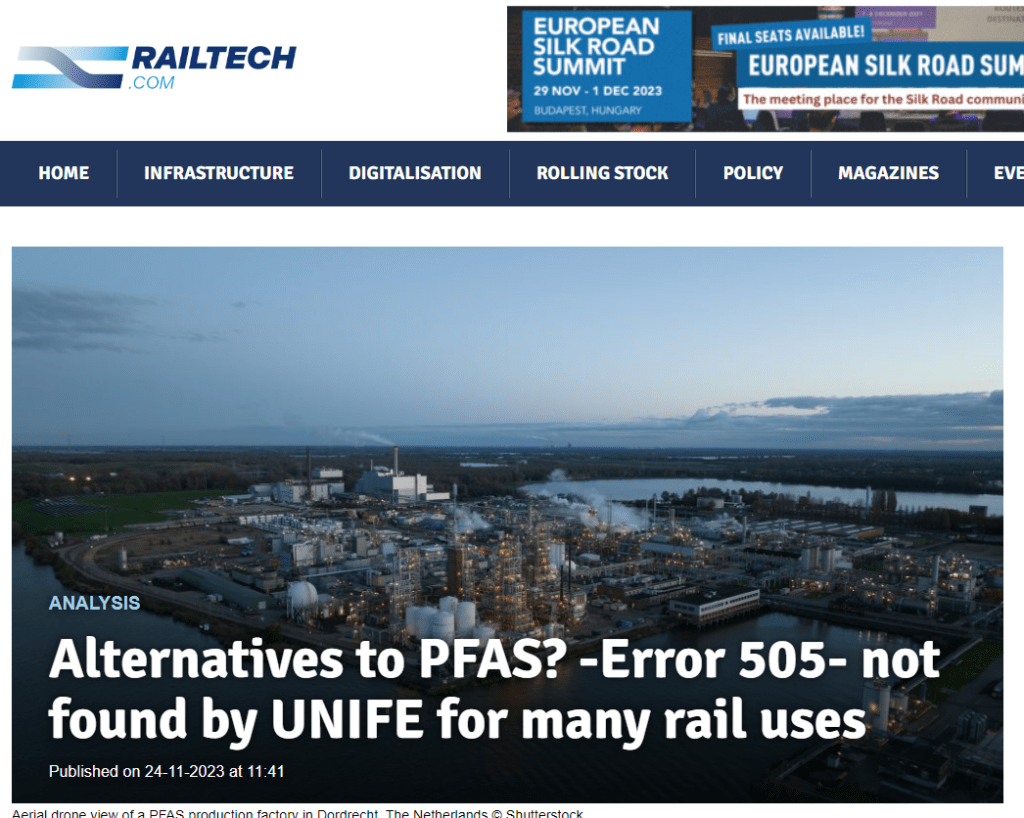 Alternatives to PFAS? -Error 505- not found by UNIFE for many rail uses (Railtech)