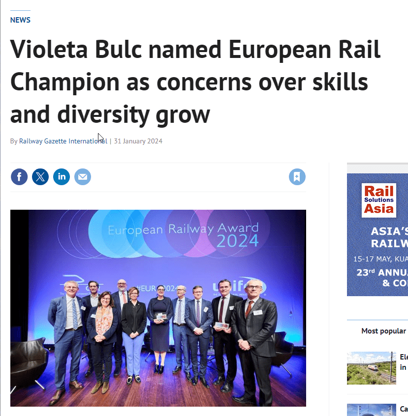 Violeta Bulc named European Rail Champion as concerns over skills and diversity grow (Railway Gazette)