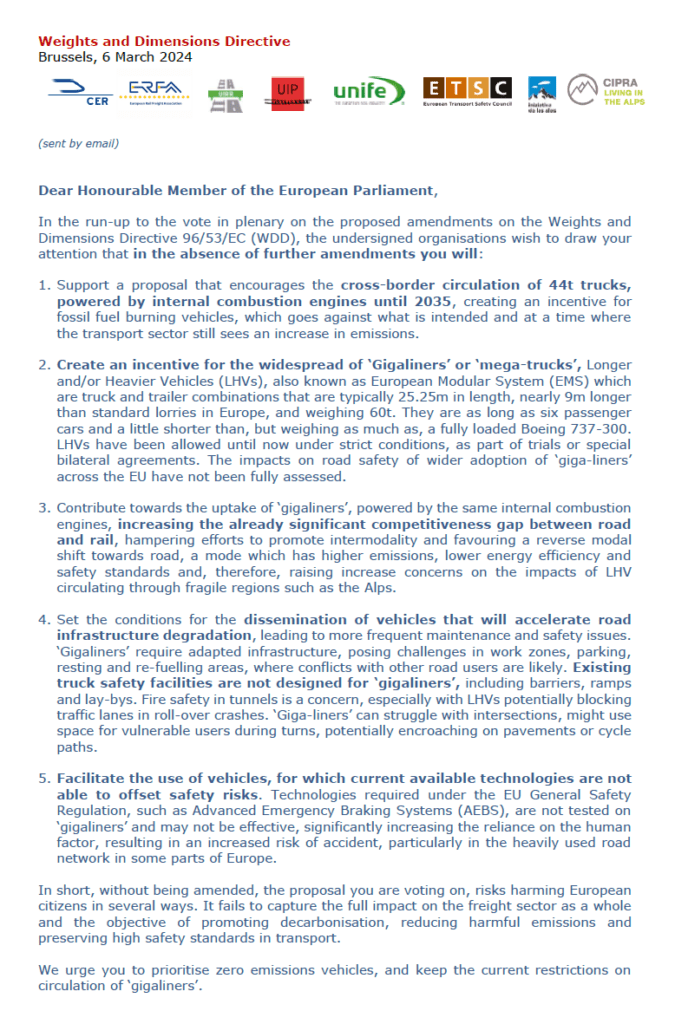 Weights and Dimensions Directive should ensure a level playing between the modes of transport