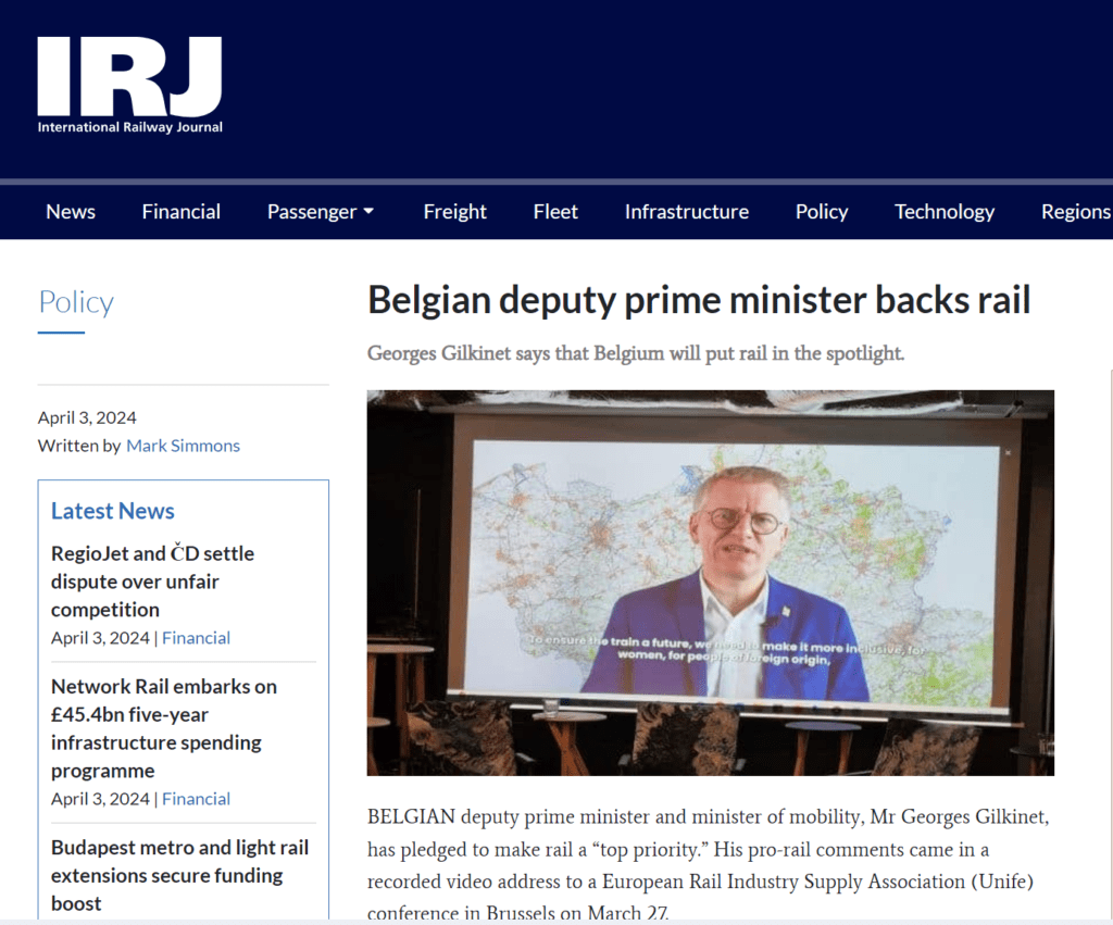 Belgian deputy prime minister backs rail (IRJ)