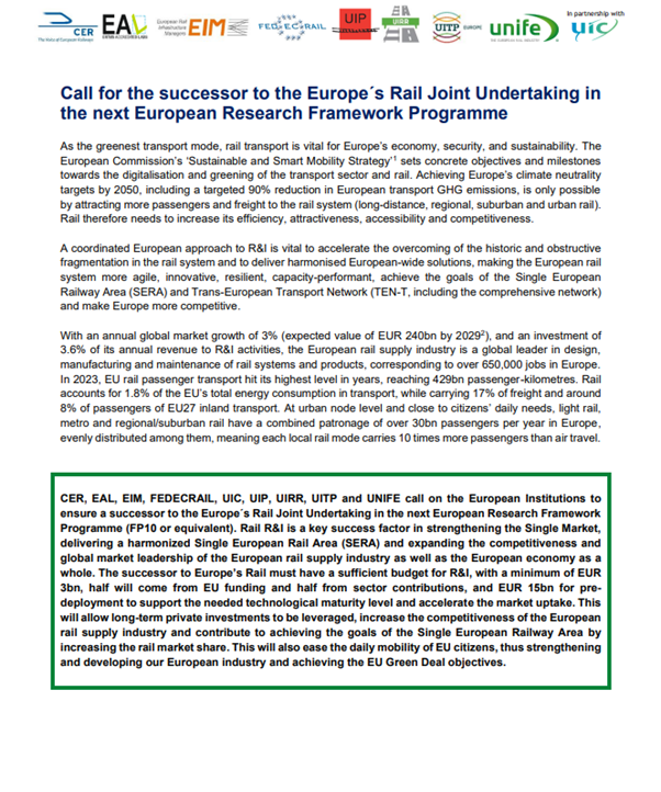 Call for the successor to the Europe´s Rail Joint Undertaking in the next European Research Framework Programme