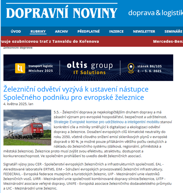 Železniční odvětví vyzývá k ustavení nástupce Společného podniku pro evropské železnice (Dopravni Noviny)