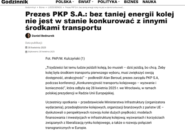 Prezes PKP S.A.: bez taniej energii kolej nie jest w stanie konkurować z innymi środkami transportu (Godzinnik)