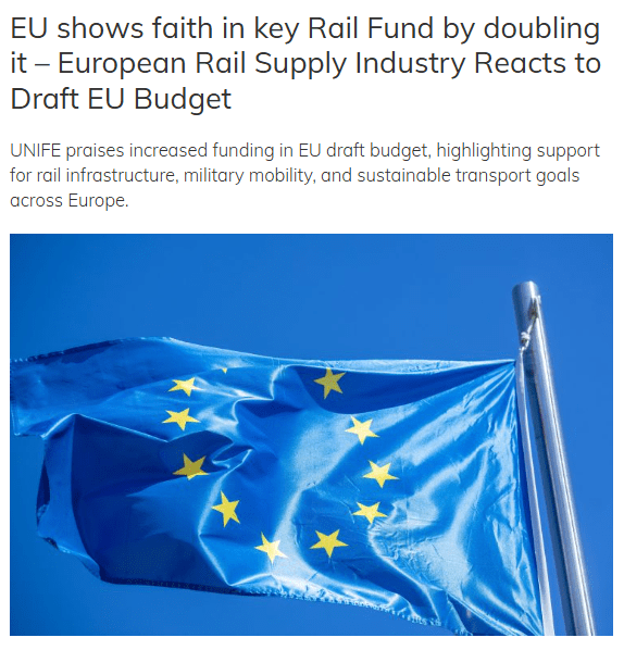 EU shows faith in key Rail Fund by doubling it – UNIFE reacts to Draft EU Budget (Global Railway Review)