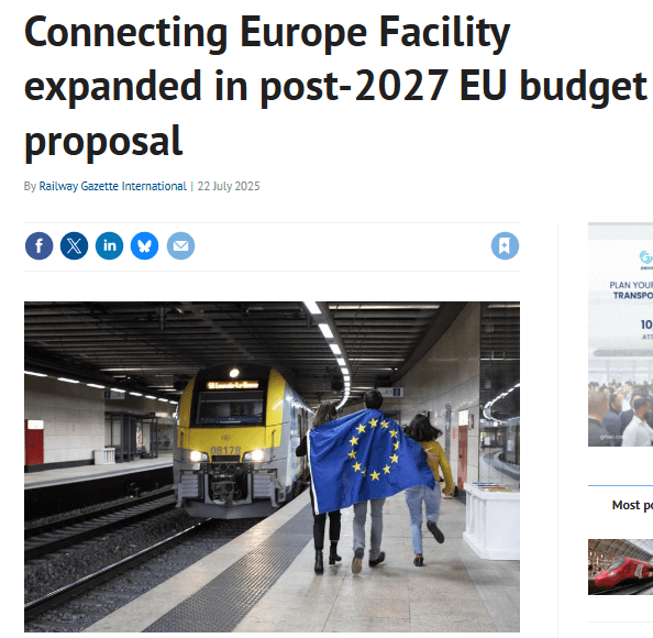 Connecting Europe Facility expanded in post-2027 EU budget proposal (Railway Gazette)