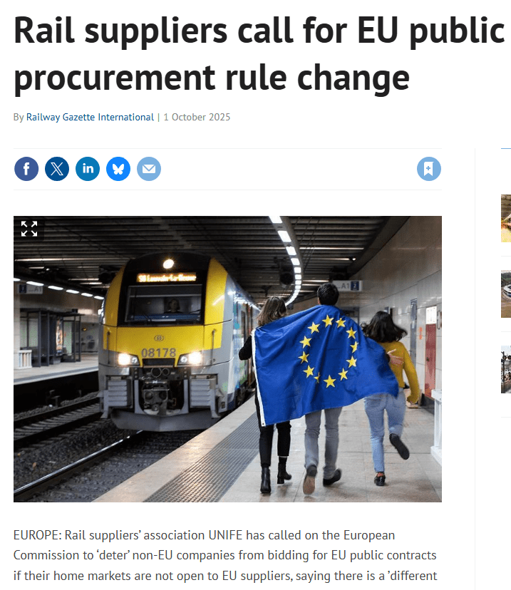 Rail suppliers call for EU public procurement rule change (Railway Gazette)