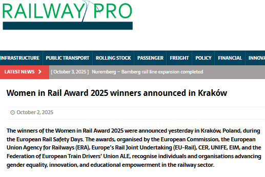 Women in Rail Award 2025 winners announced in Kraków (RailwayPRO)