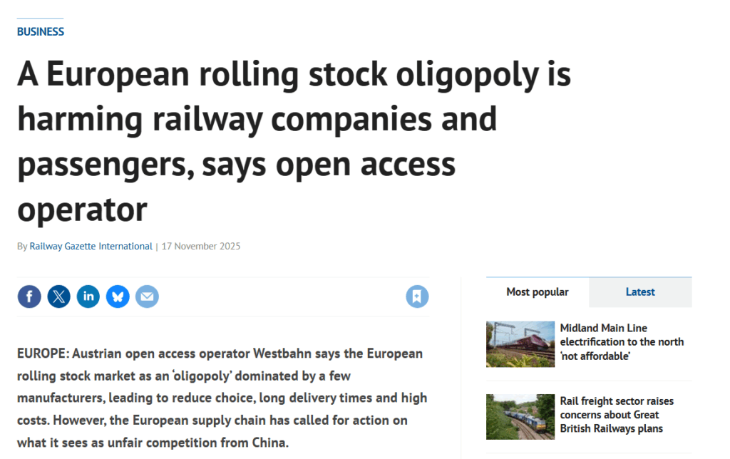 A European rolling stock oligopoly is harming railway companies and passengers, says open access operator (Railway Gazette)