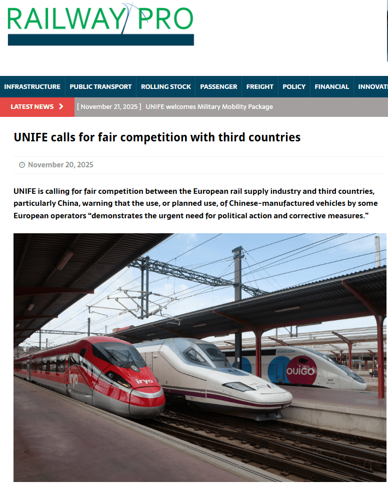 UNIFE calls for fair competition with third countries (RailwayPRO)