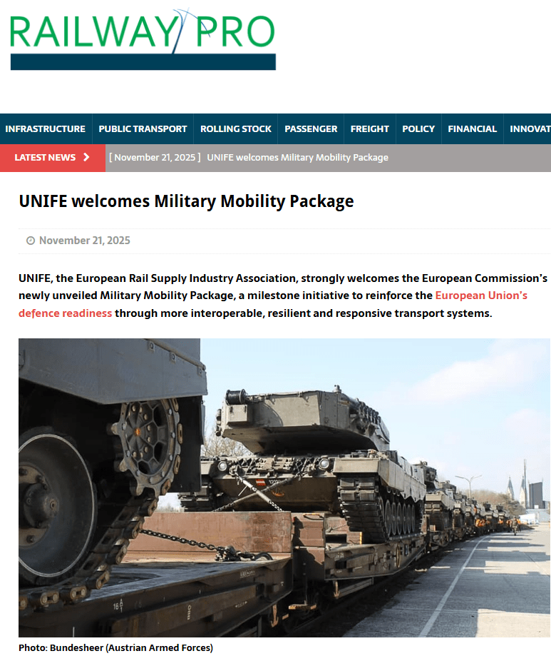 UNIFE welcomes Military Mobility Package (RailwayPRO)