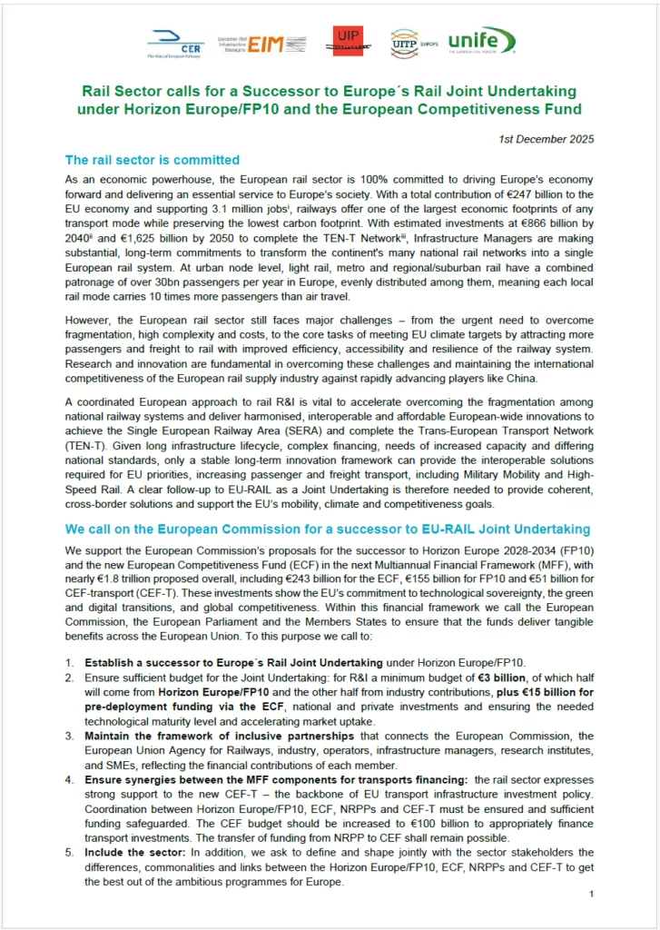 EU’s leading rail sector organisations join forces to call for Europe’s Rail Joint Undertaking successor