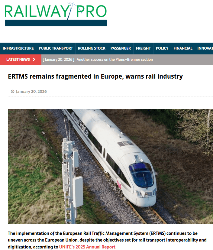 ERTMS remains fragmented in Europe, warns rail industry (RailwayPro)