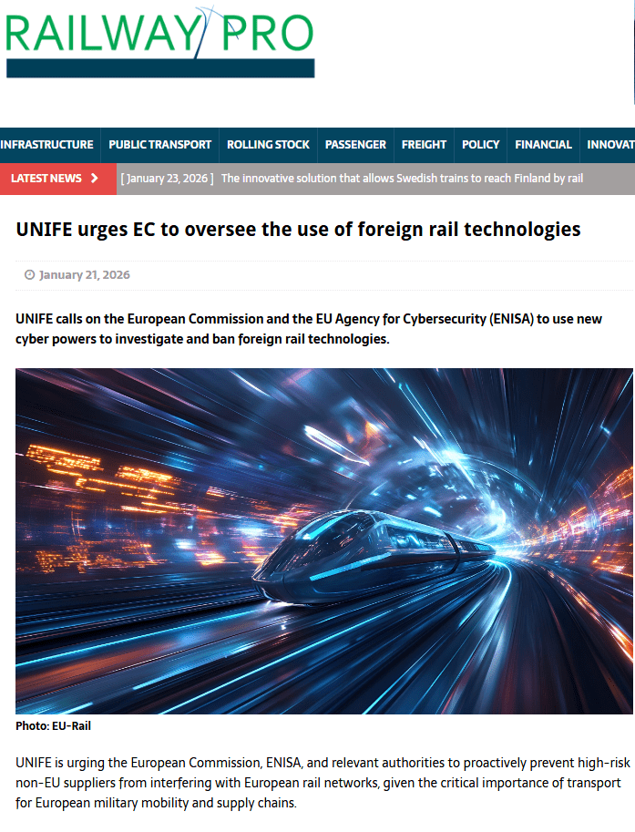 UNIFE urges EC to oversee the use of foreign rail technologies (RailwayPro)