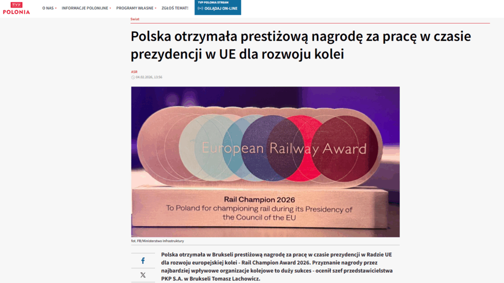 Polska otrzymała prestiżową nagrodę za pracę w czasie prezydencji w UE dla rozwoju kolei (Telewizja Polska)
