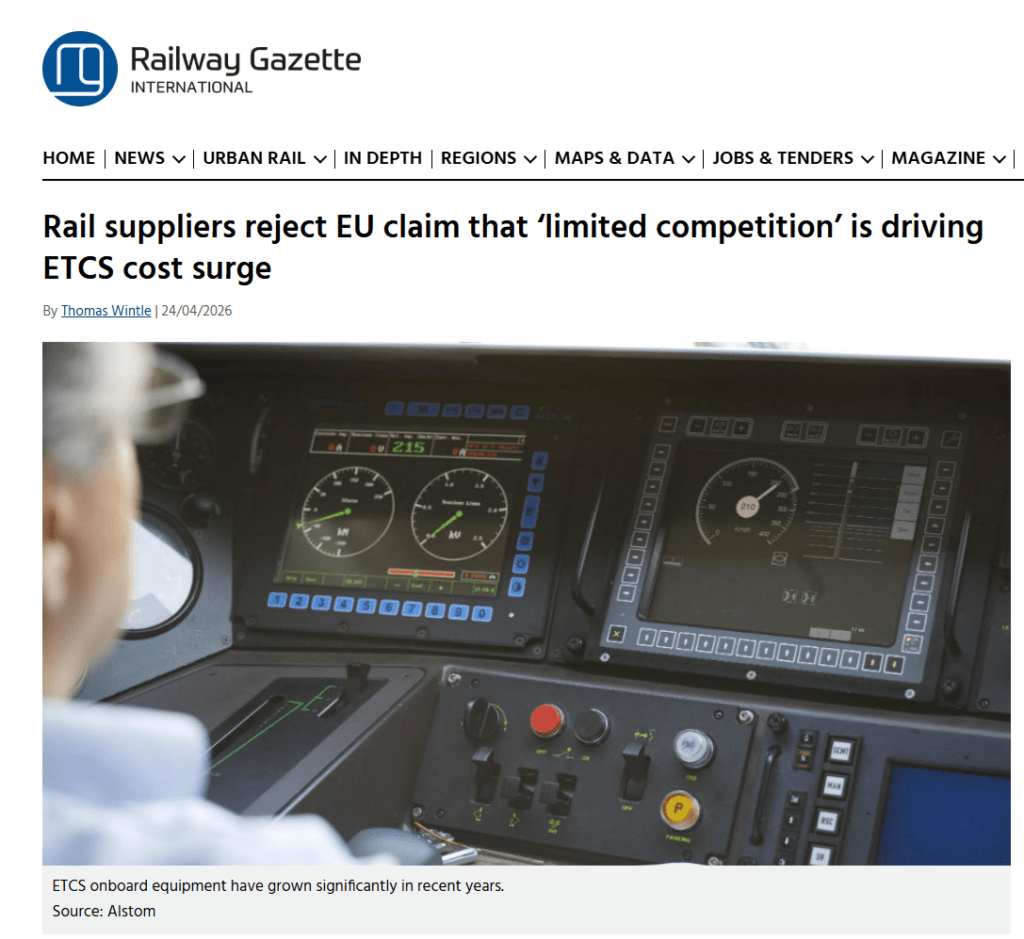 Rail suppliers reject EU claim that ‘limited competition’ is driving ETCS cost surge (Railway Gazette)