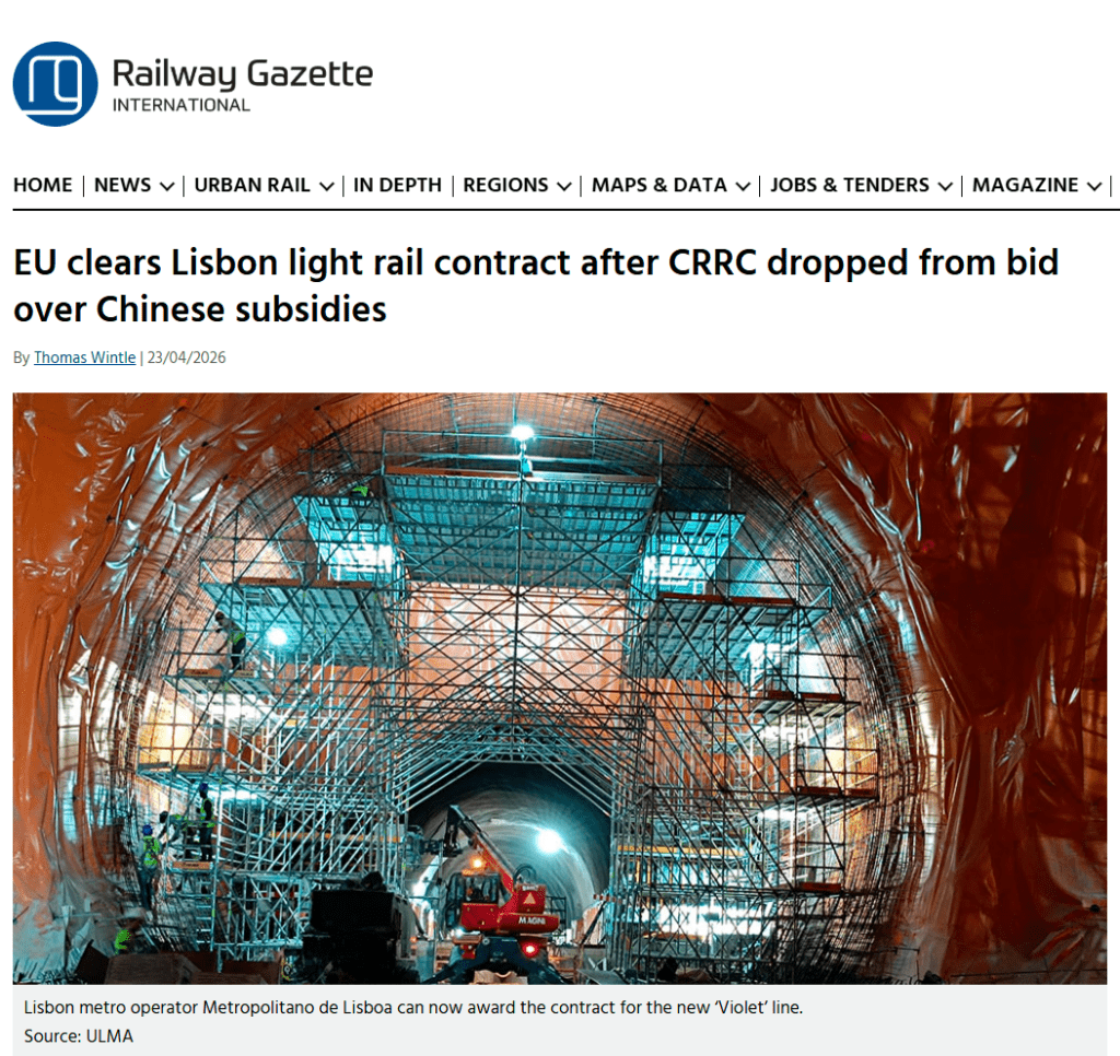 EU clears Lisbon light rail contract after CRRC dropped from bid over Chinese subsidies (Railway Gazette)