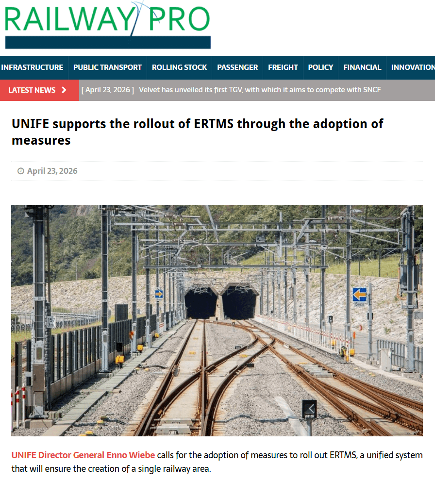 UNIFE supports the rollout of ERTMS through the adoption of measures (RailwayPRO)