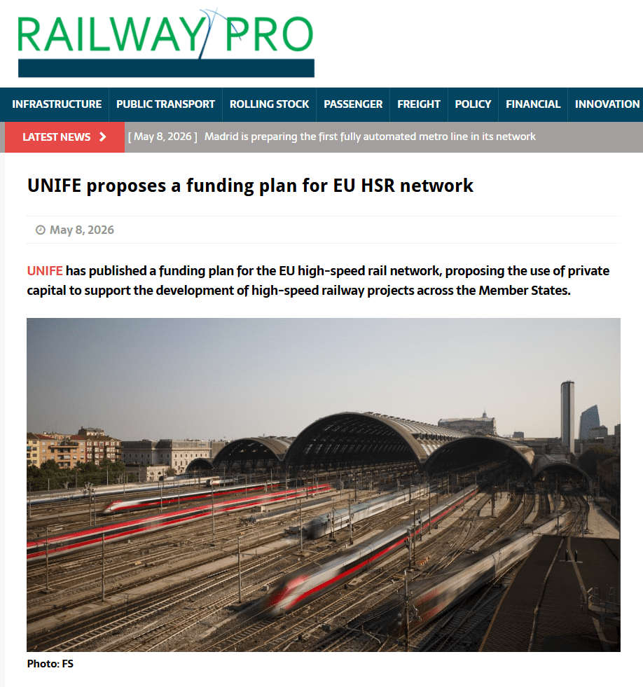 UNIFE proposes a funding plan for EU HSR network (RailwayPRO)
