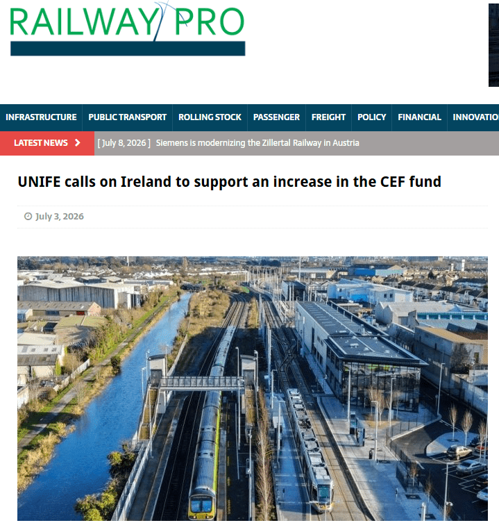 UNIFE calls on Ireland to support an increase in the CEF fund (RailwayPRO)