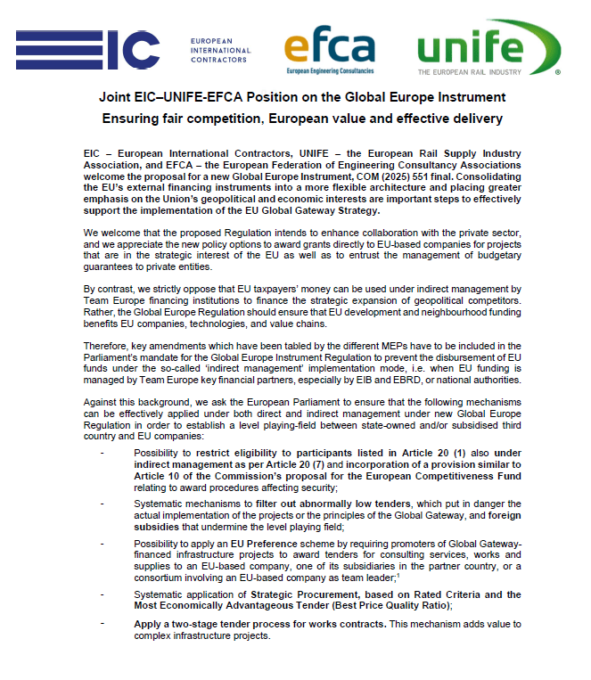 UNIFE joins forces with key industries to strengthen the future Global Europe Instrument