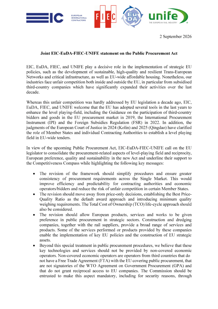 UNIFE publishes joint statement on the Public Procurement Act with European construction industry