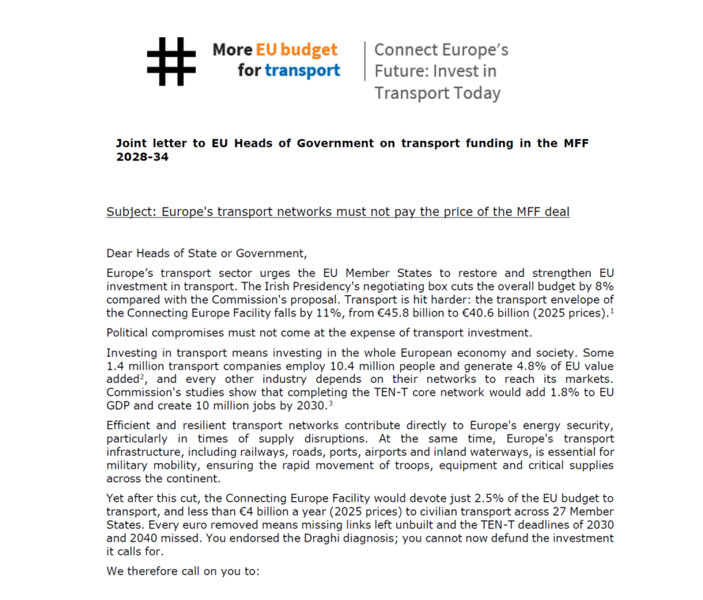 Joint letter to EU Heads of Government on transport funding in the MFF 2028-34