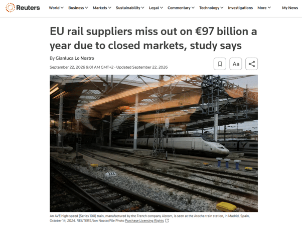 EU rail suppliers miss out on €97 billion a year due to closed markets, study says (Reuters)