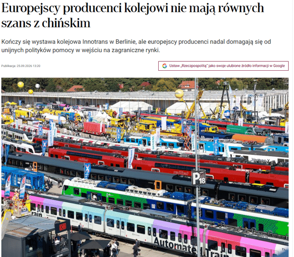 Europejscy producenci kolejowi nie mają równych szans z chińskim (Rzeczpospolita)